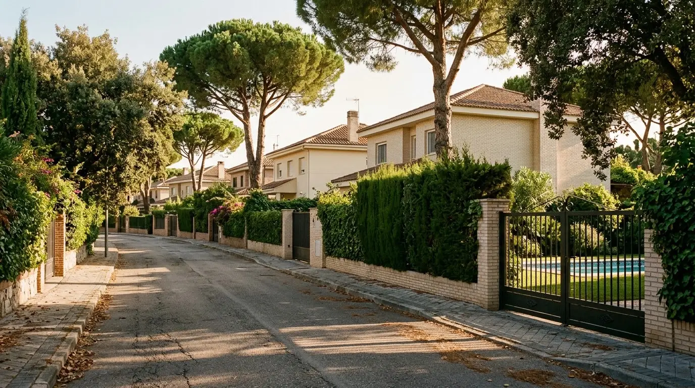 Calle tranquila de una urbanización de chalés de ladrillo claro con tejado de teja, setos y pinos en el oeste de Madrid, a última hora de la tarde