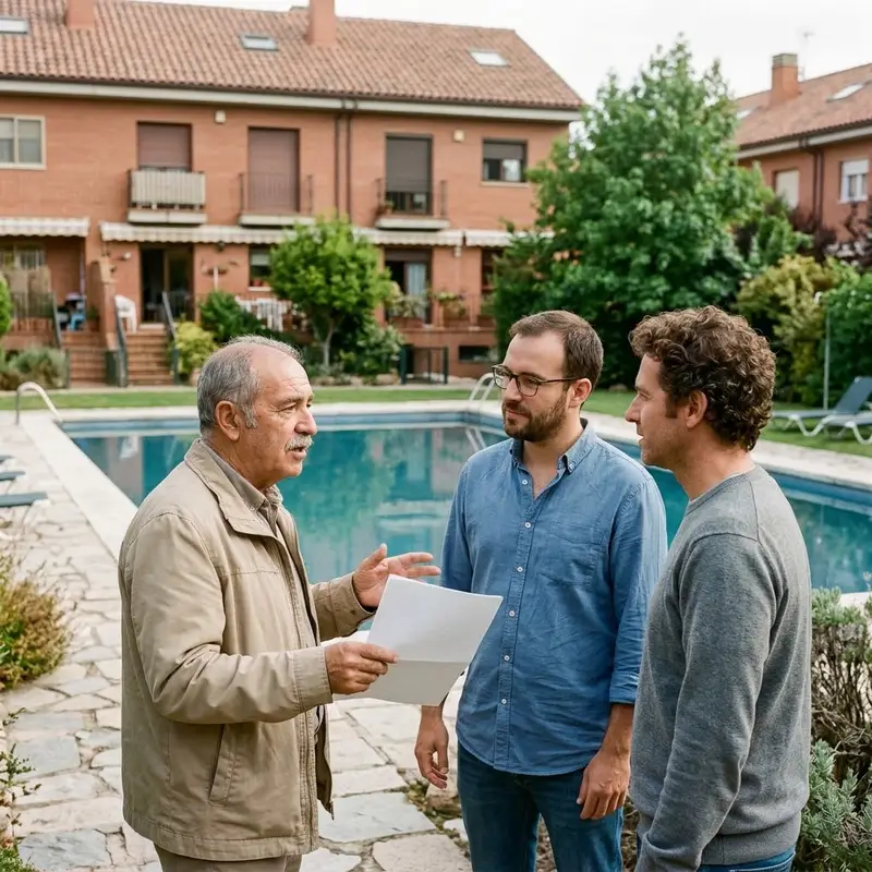 Tres vecinos de distintas edades hablando junto a la piscina comunitaria de una urbanización de adosados de ladrillo