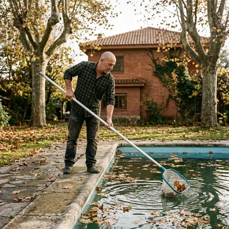 Hombre de unos cincuenta años retirando hojas secas del agua de una piscina con un recogehojas, en un jardín con árboles en otoño