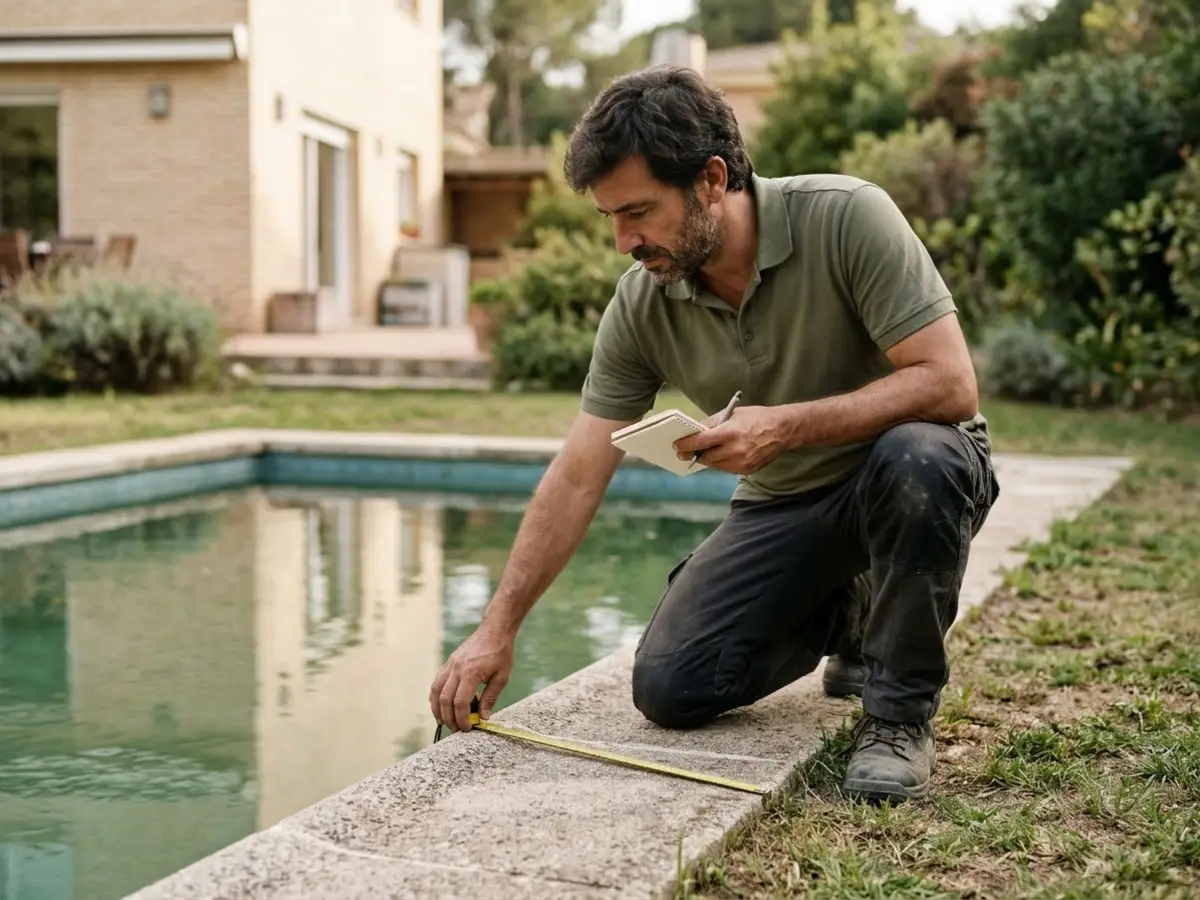 Técnico de unos cuarenta años midiendo con una cinta métrica el borde de una piscina rectangular en el jardín de un chalé, con una libreta en la otra mano