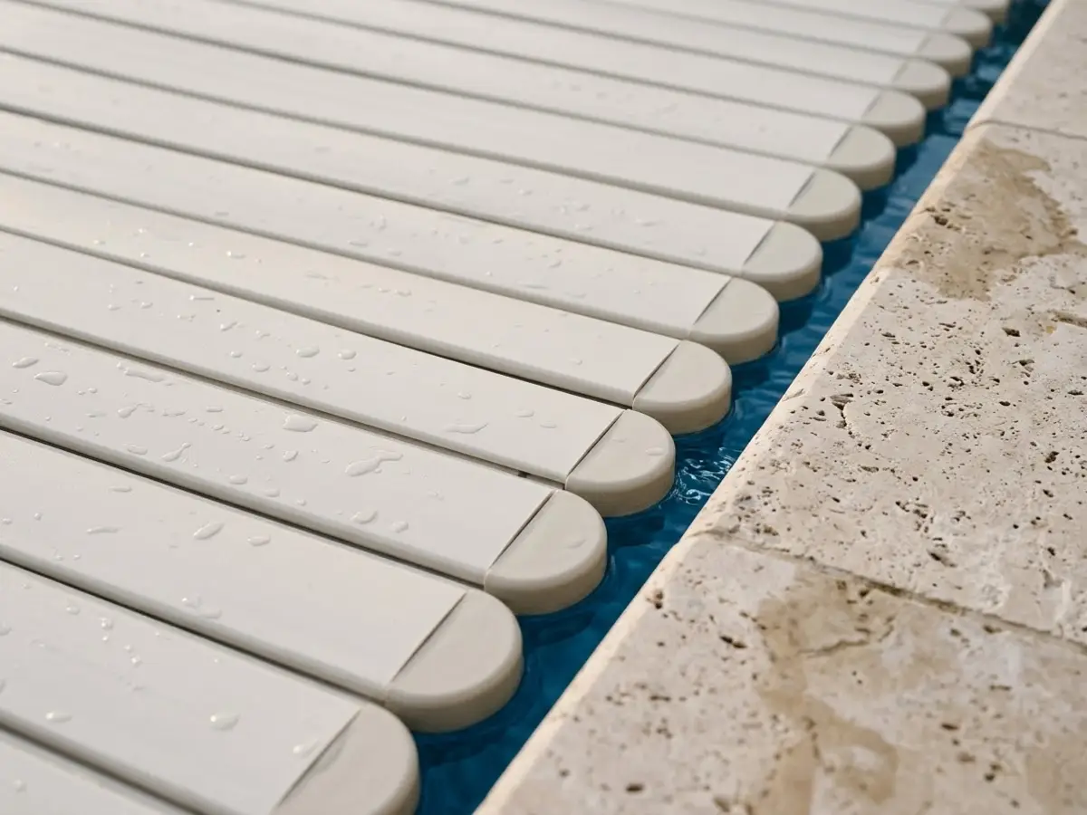 Detalle de las lamas blancas de una cubierta automática flotando sobre el agua junto al borde de piedra de una piscina, con gotas de agua