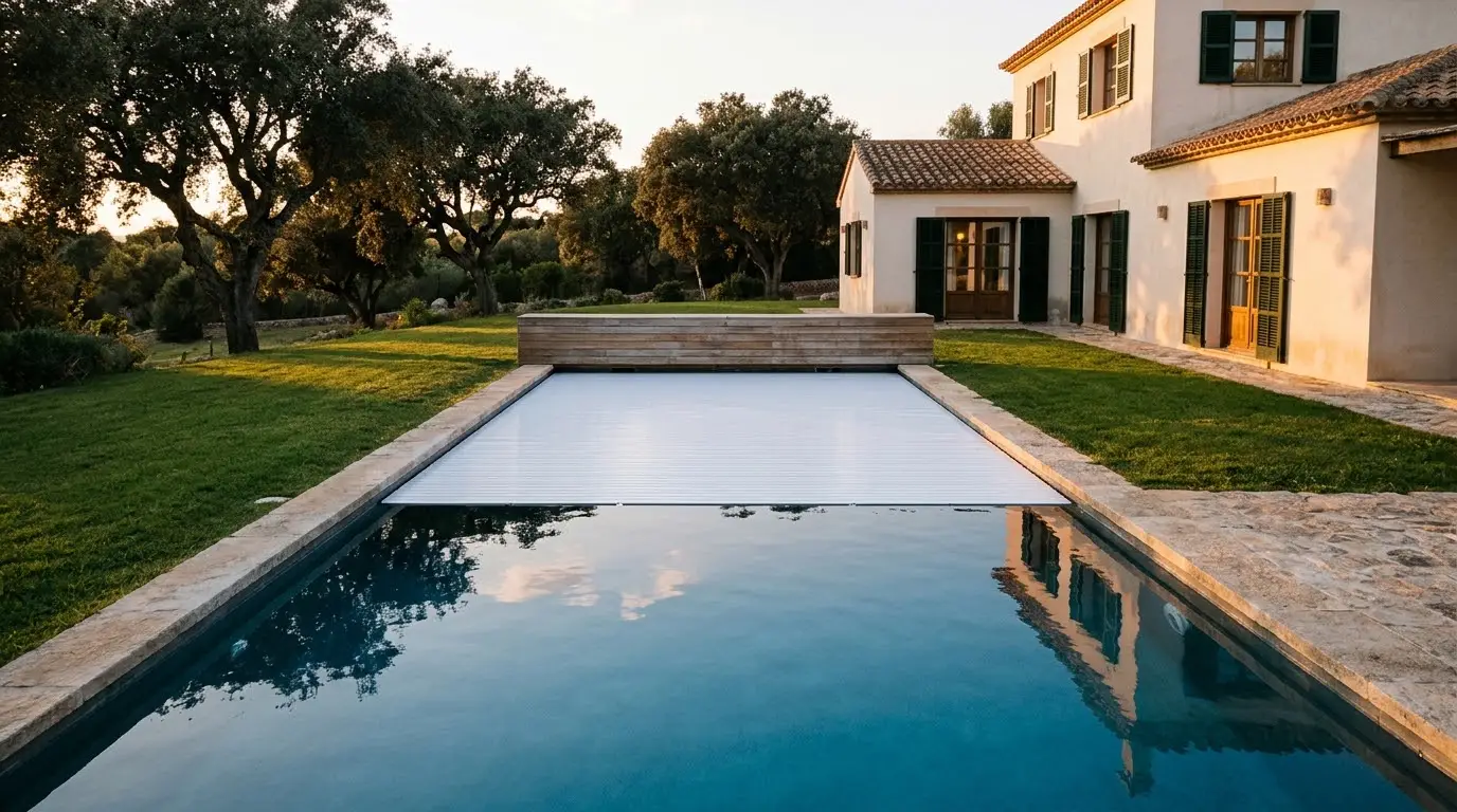 Piscina de obra en el jardín de un chalé con una cubierta de lamas blancas extendiéndose sobre el agua desde un banco de madera en un extremo, al atardecer