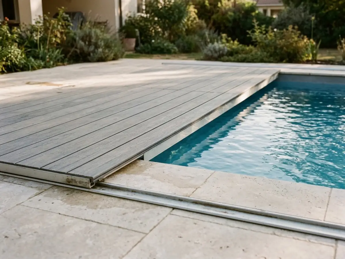 Detalle de una cubierta transitable de composite gris medio abierta, deslizada hacia un lado sobre su raíl, dejando ver el agua de la piscina debajo
