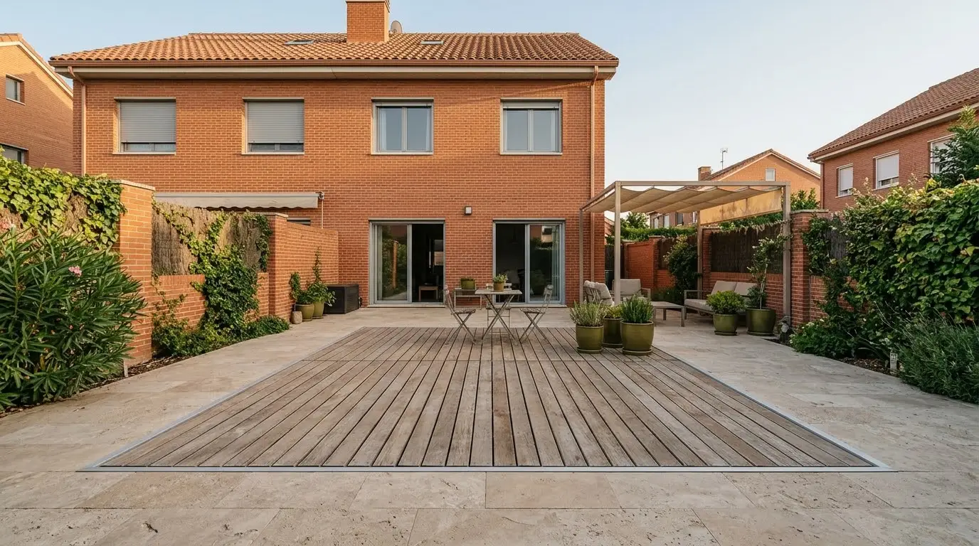 Patio de una casa adosada con una cubierta transitable de tarima de madera cerrada sobre la piscina, a ras del suelo, junto a una mesa, dos sillas y macetas
