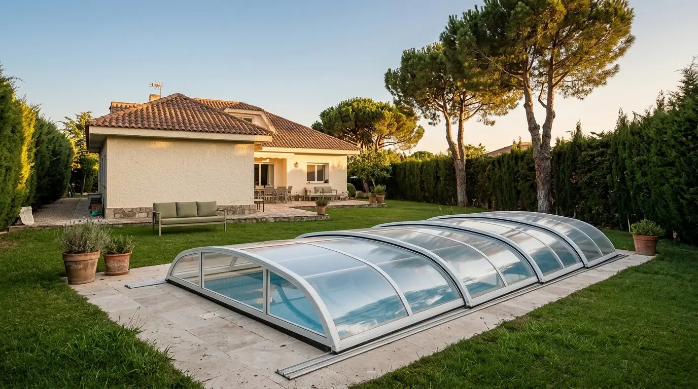 Cubierta telescópica baja de aluminio y policarbonato transparente sobre la piscina del jardín de un chalé de las afueras de Madrid, a media tarde