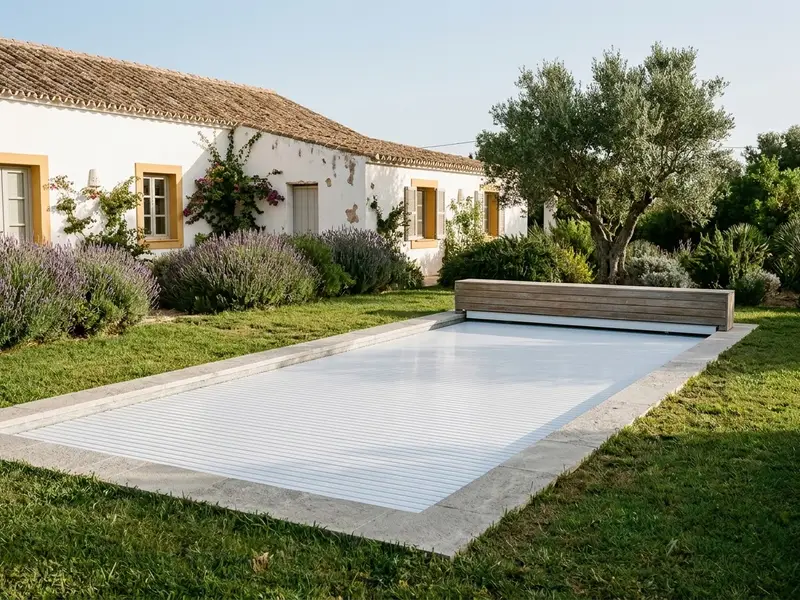 Cubierta de lamas blancas extendida sobre el agua de una piscina de obra, con el enrollador escondido bajo un banco de madera