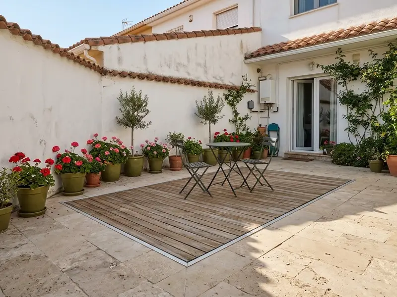 Tarima de madera que cubre una piscina pequeña en un patio, con dos sillas y una mesa encima