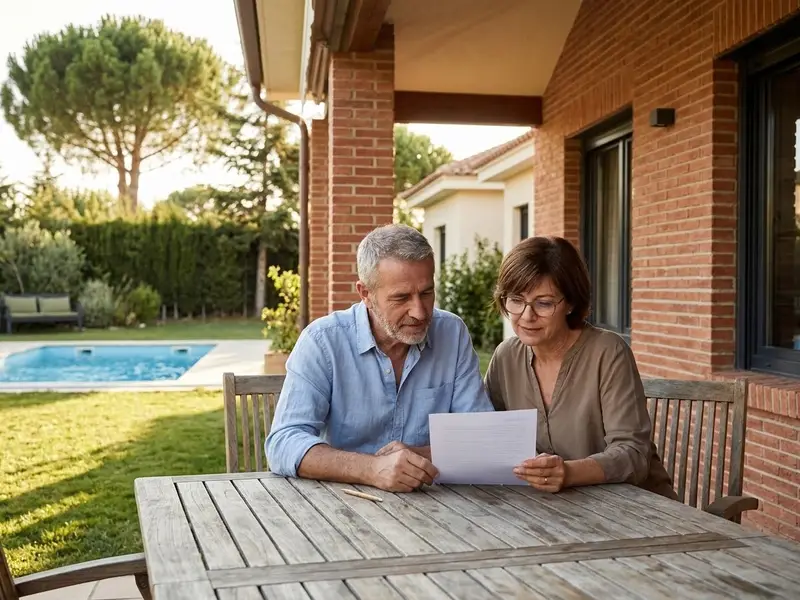Pareja de unos cincuenta años mirando un presupuesto en papel en la mesa de la terraza, con la piscina del jardín al fondo