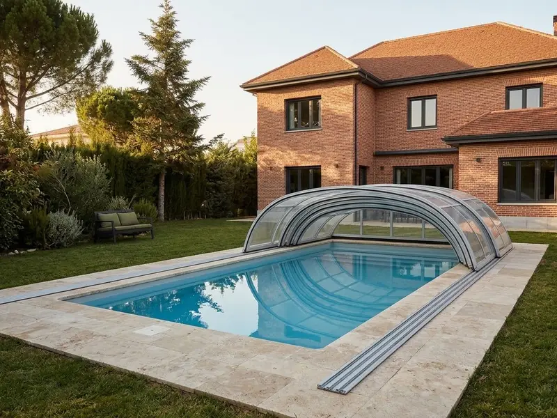 Cubierta telescópica baja medio recogida sobre una piscina rectangular, con los módulos de policarbonato apilados en un extremo