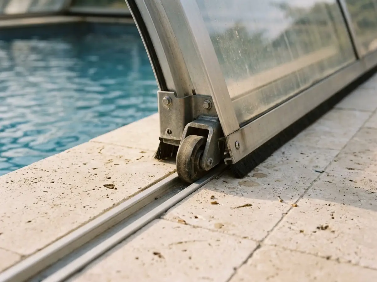Detalle del raíl de aluminio empotrado en la playa de piedra de una piscina, con la rueda del primer módulo de una cubierta telescópica apoyada encima