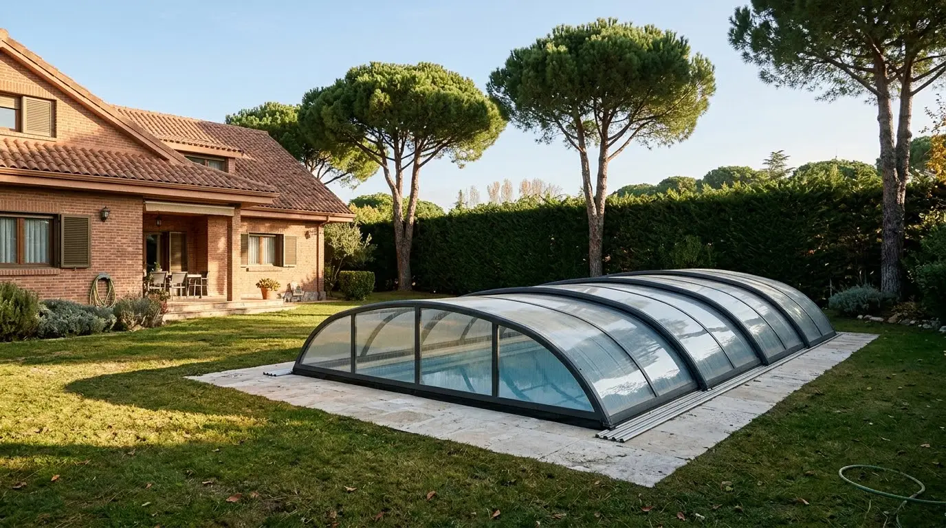 Cubierta telescópica baja de aluminio gris antracita y policarbonato transparente cerrada sobre la piscina de un chalé de ladrillo con jardín, en una mañana clara de otoño